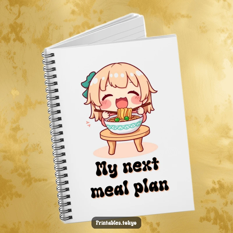 Funny notebook cover with a character joyfully eating from a steaming bowl of noodles, inspiring creativity.