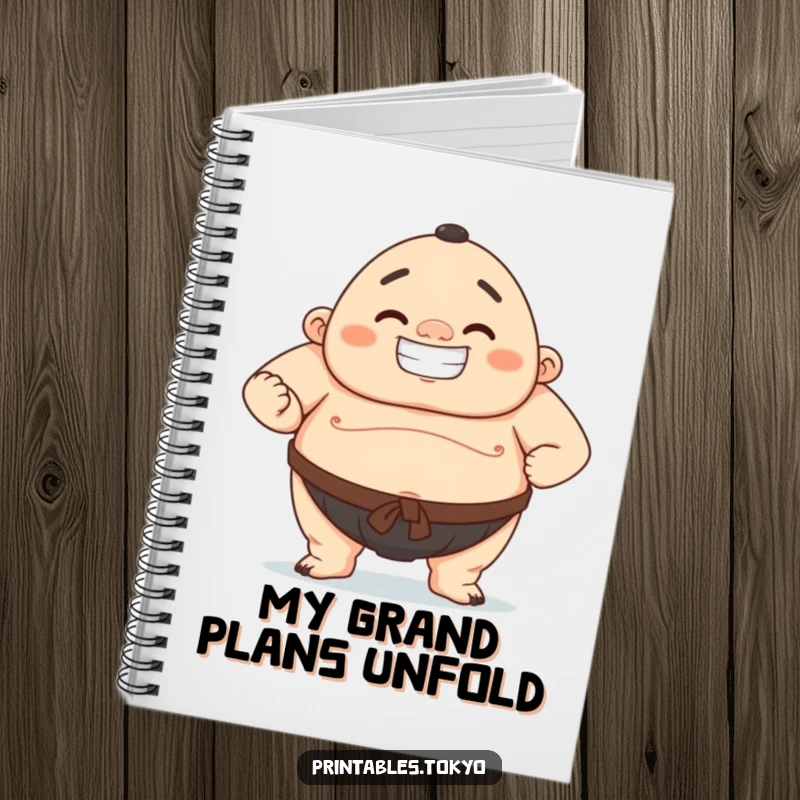 Funny notebook cover depicting a character in a confident sumo wrestling pose with a proud, wide grin.