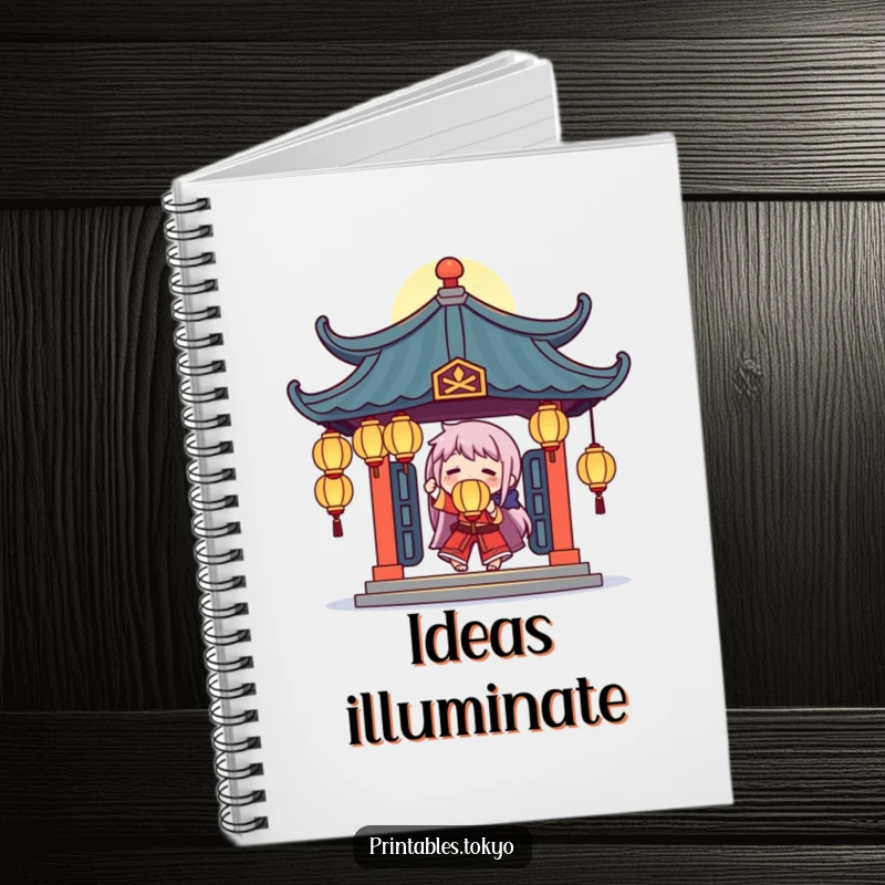 Funny notebook cover featuring a character juggling glowing lanterns beneath a stylized temple roof, encouraging creativity.