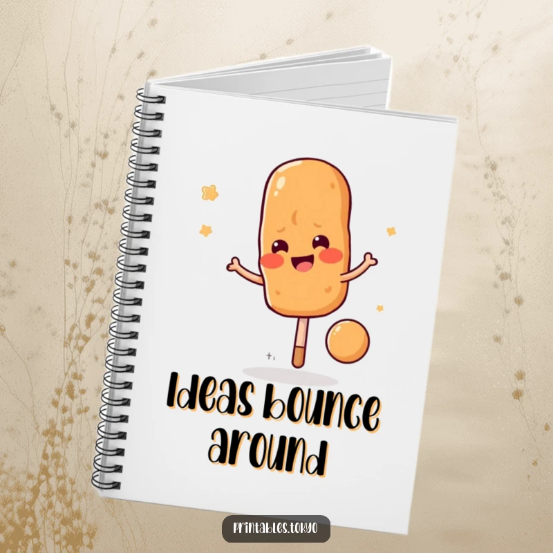 Funny yakitori skewer notebook, depicted bouncing, perfect for jotting down recipes and foodie thoughts, a cute funny gift.