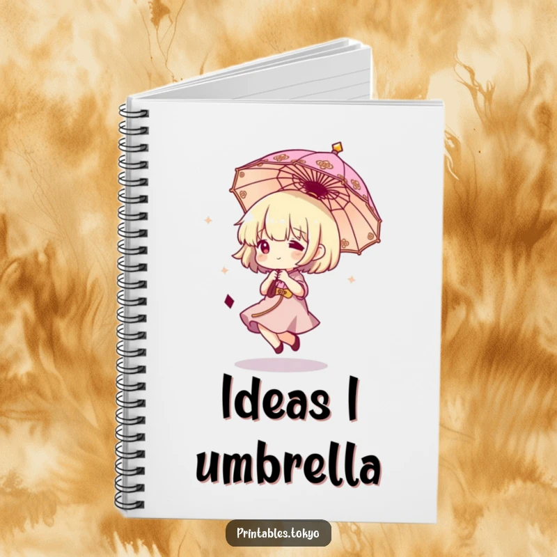 Funny notebook cover with an illustration of a character gleefully bouncing a small, ornate umbrella, designed for creative minds.