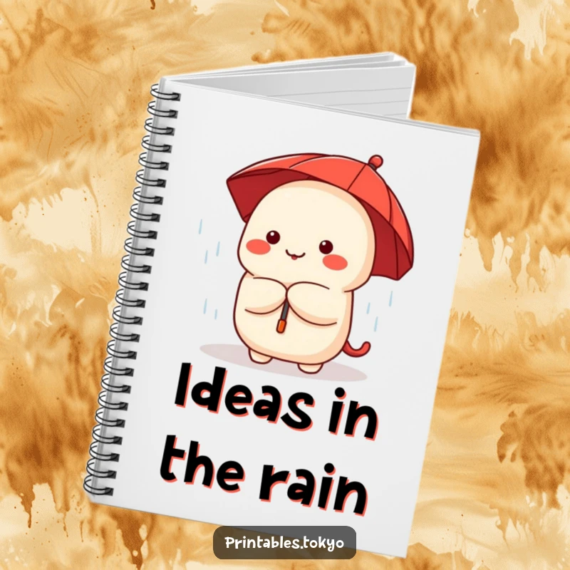 Funny dumpling character with a small red umbrella peeking from rain, featured on the cover of a cute notebook.