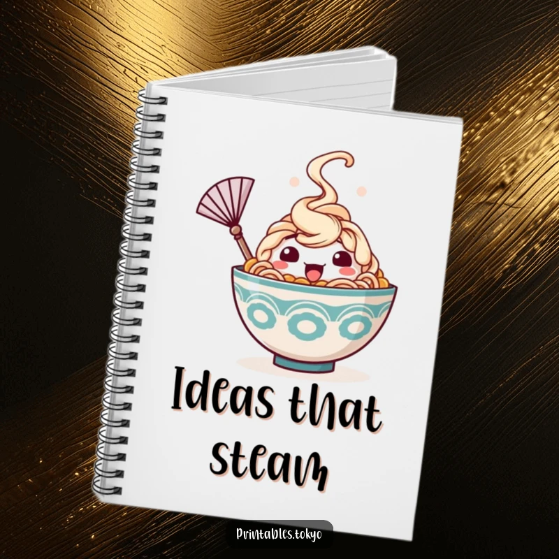 Funny notebook featuring a happy ramen bowl character, steam rising, waving a tiny fan, perfect for jotting down notes with humor.