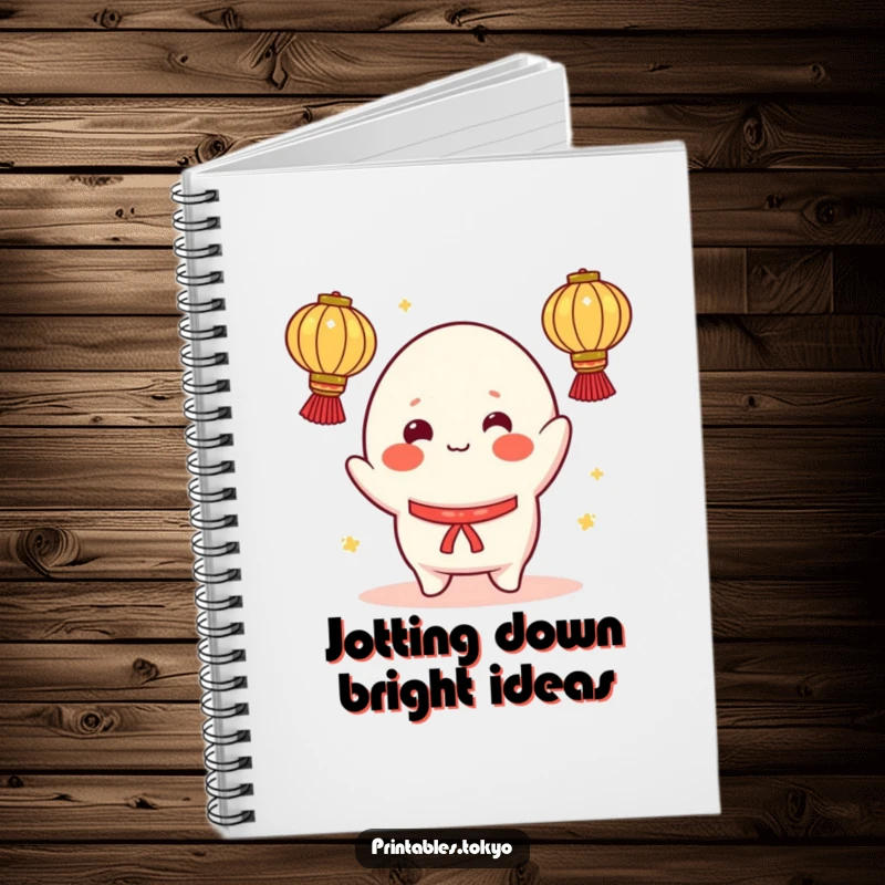 Funny notebook featuring a cheerful mochi character, rosy cheeks, juggling illuminated lanterns, perfect for jotting down ideas with humor.