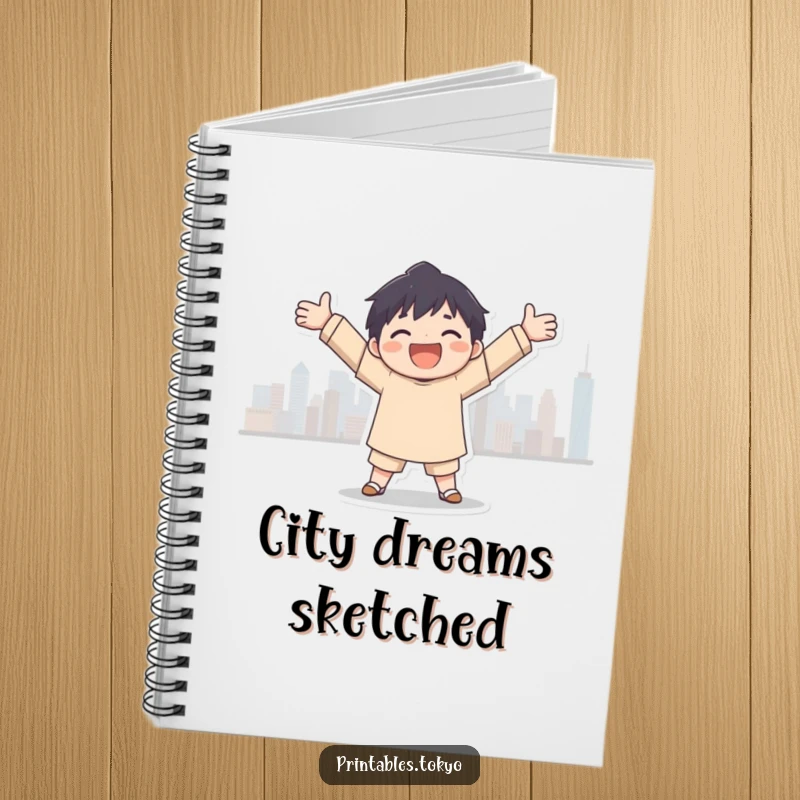 Funny city embrace notebook, a character joyfully embracing a city skyline silhouette, for capturing ideas and urban inspiration.