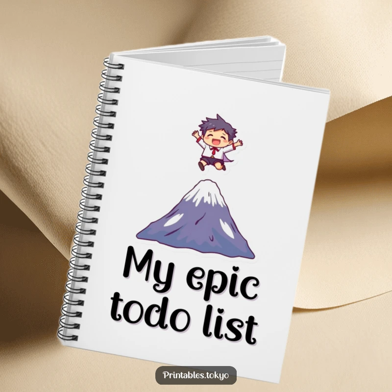 Funny Notebook: A character joyfully leaps over Mount Fuji, encouraging humorous entries and adventurous planning.