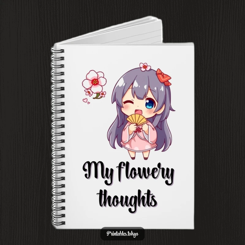 Funny cherry blossom fan notebook with a cute character holding and waving a small fan adorned with cherry blossoms, ideal for journaling.