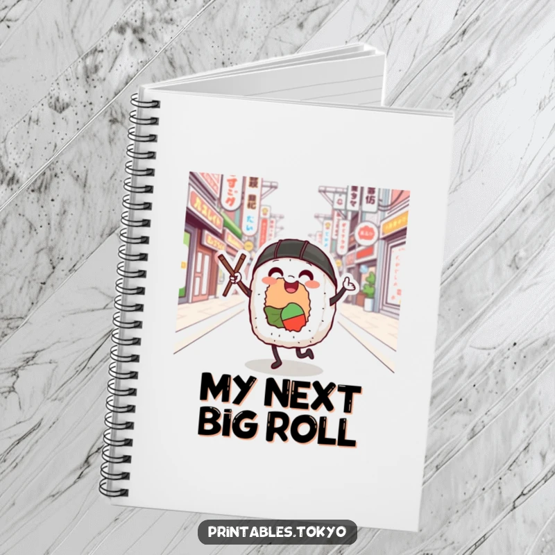 Funny sushi roll character dancing actively on a Tokyo street, featured on the cover of a fun notebook.