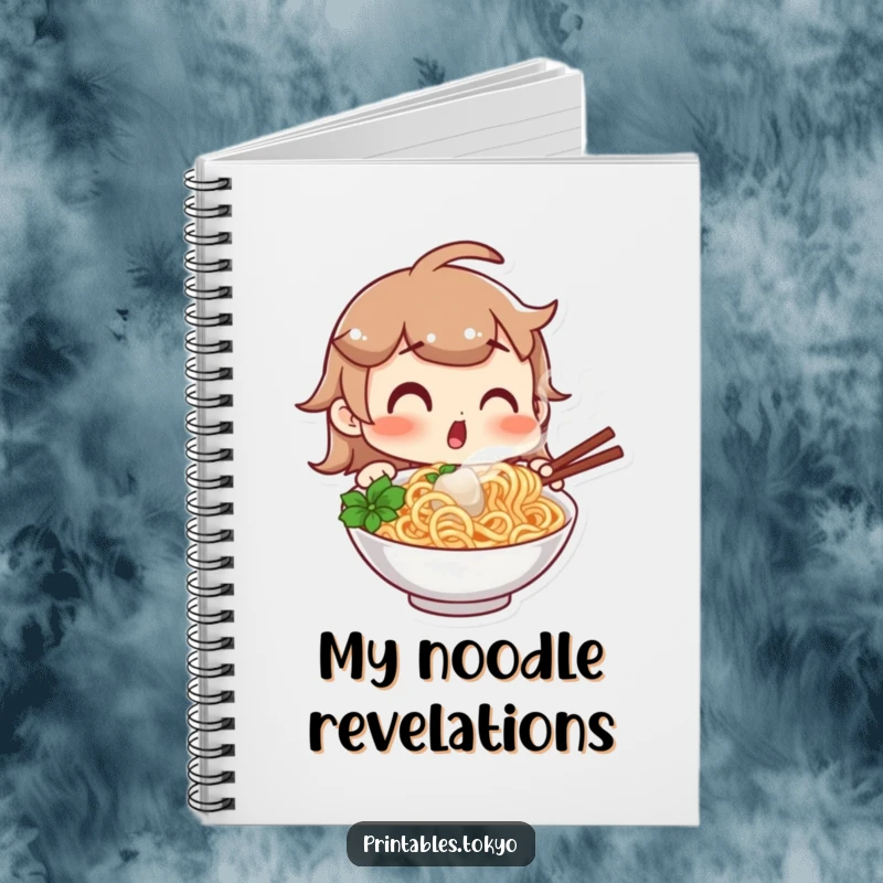 Funny notebook with a character showing a surprised expression looking at a steaming bowl of noodles, designed for capturing food ideas and notes with a humorous flair.