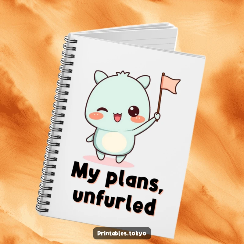 Funny notebook with an excited character waving a small paper flag, ideal for jotting down energetic thoughts and plans.