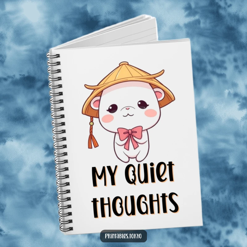 Funny cute creature wearing a traditional Japanese hat, bowing shyly, on a notebook. Perfect for writing and doodling with gentle humor.