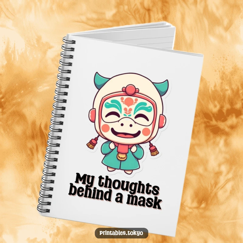 Funny notebook featuring a character in a festival mask making a funny face, ideal for creative notes.