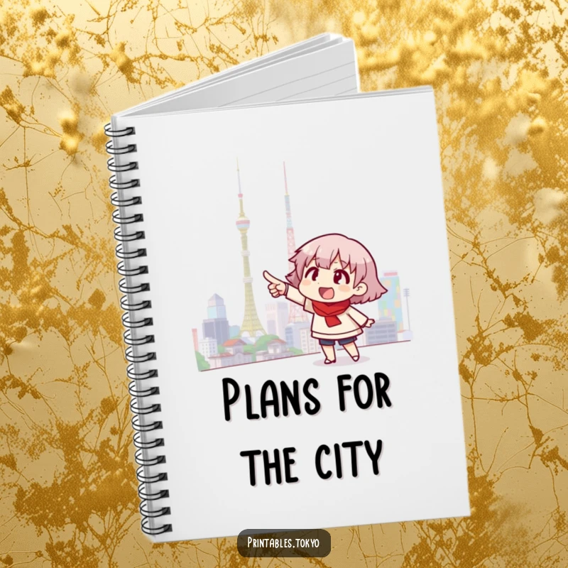 Funny notebook featuring a character pointing at a bright Tokyo skyline, inspiring travel plans and exciting notes.