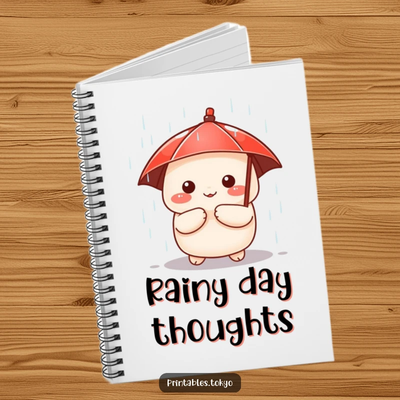 Funny notebook featuring a cute dumpling character with a tiny red umbrella, peeking from a downpour, perfect for charming notes.