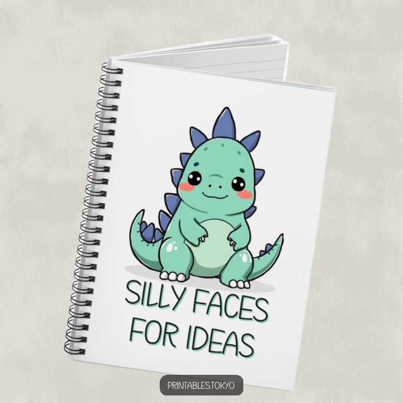 Funny notebook with a character making a silly face to surprise a small Godzilla, ideal for notes.