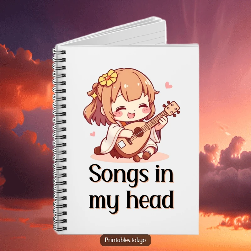 Funny shamisen player notebook, a character happily playing a miniature shamisen, ideal for jotting down music notes and funny thoughts.