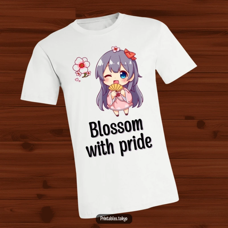 Funny cherry blossom fan t-shirt featuring a cute character energetically waving a small fan decorated with pink cherry blossoms, a spring delight.