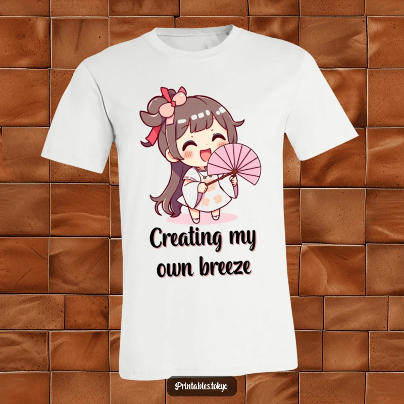 Funny t-shirt with an excited character smiling broadly while vigorously waving an oversized fan.