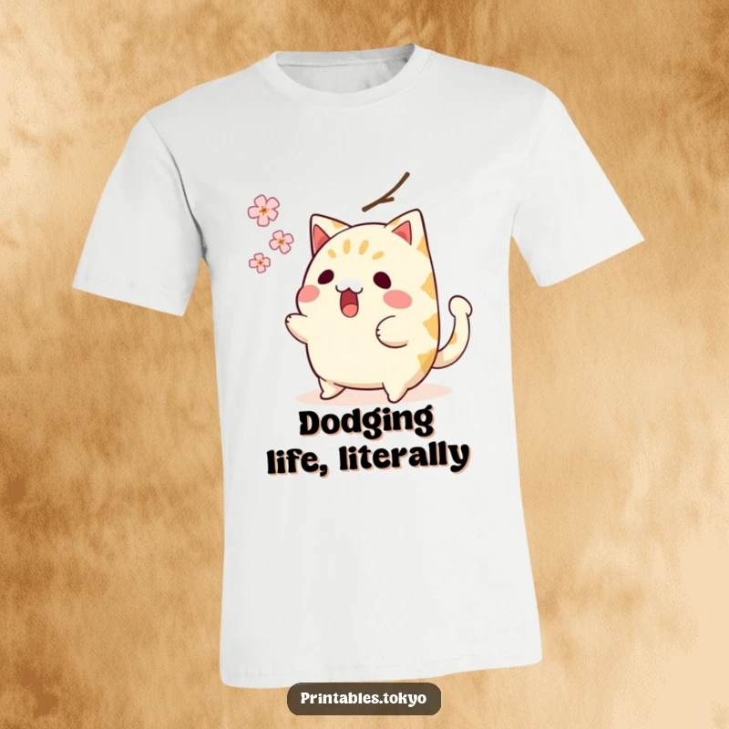 Funny t-shirt with a surprised taiyaki character trying to avoid a falling cherry blossom, showcasing its wagging tail, humorous art.
