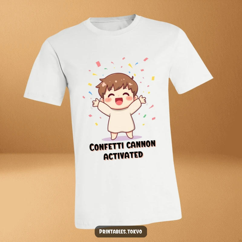Funny t-shirt featuring a cheerful character joyfully tossing a cascade of colorful confetti, embodying pure happiness.