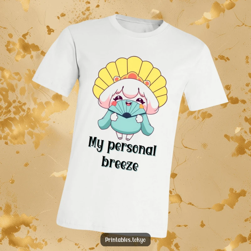 Funny t-shirt featuring a character with a wide smile, holding a gigantic novelty fan, providing a cool and humorous look.