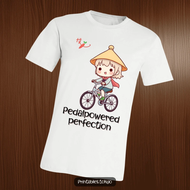 Funny t-shirt with a cute character wearing a traditional Japanese hat, joyfully riding a bicycle on an adventure.