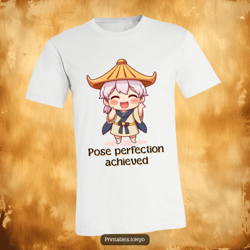 Funny t-shirt graphic of a character in a traditional Japanese hat, adopting a comical and exaggerated pose with a bold, humorous attitude.