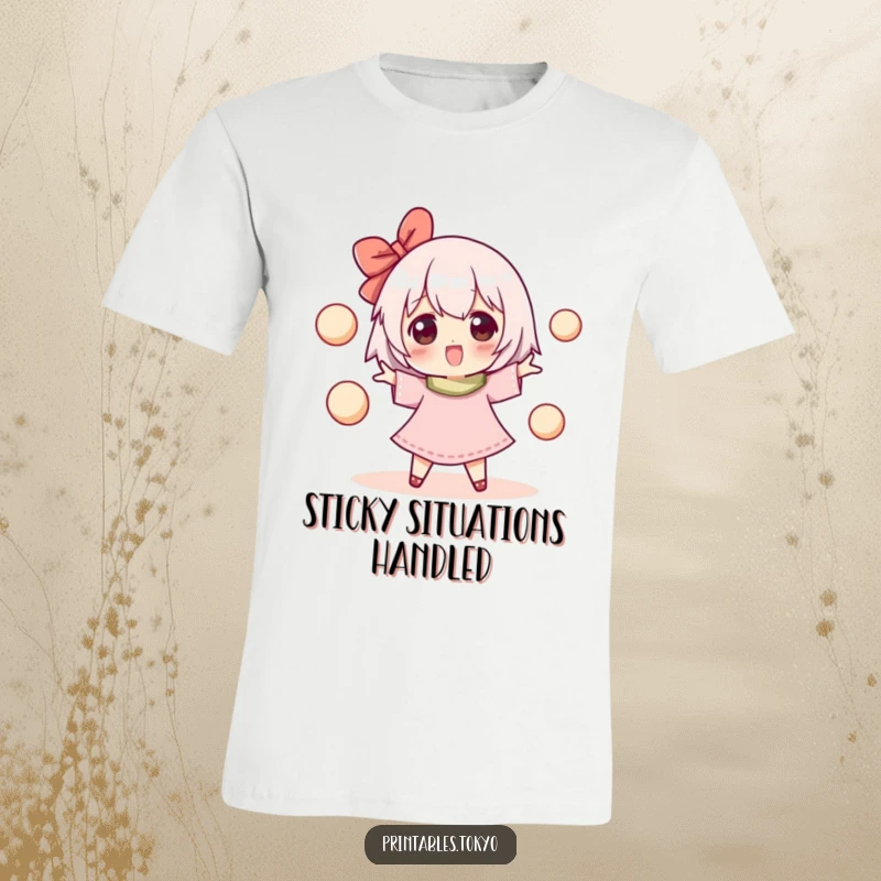 Funny t-shirt depicting a joyful character happily juggling several small mochi balls, showcasing a love for sweets and fun.