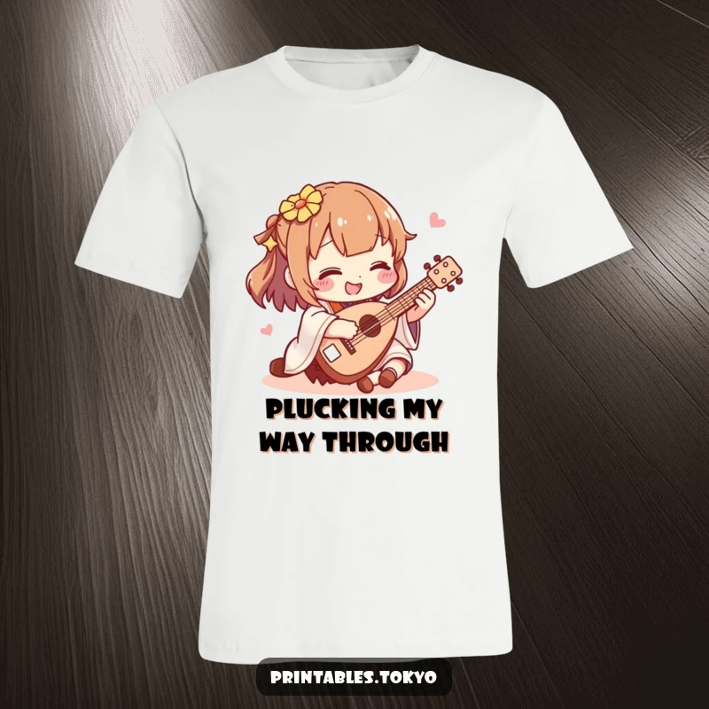 Funny shamisen player t-shirt, showing a character joyfully strumming a miniature shamisen, a humorous and musical wearable art.