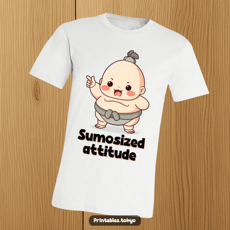 Funny character dressed as a sumo wrestler, playfully pointing with a determined yet fun expression, printed on a t-shirt. Bold and humorous.
