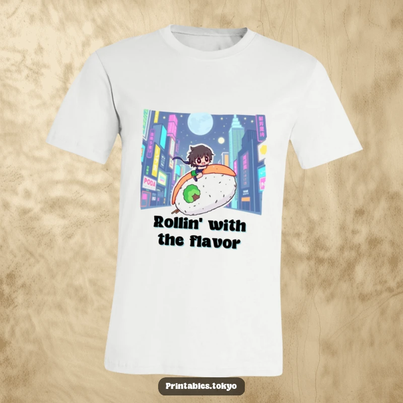 Funny t-shirt with a character adventurously riding a massive sushi roll amidst a vibrant, glowing neon city.
