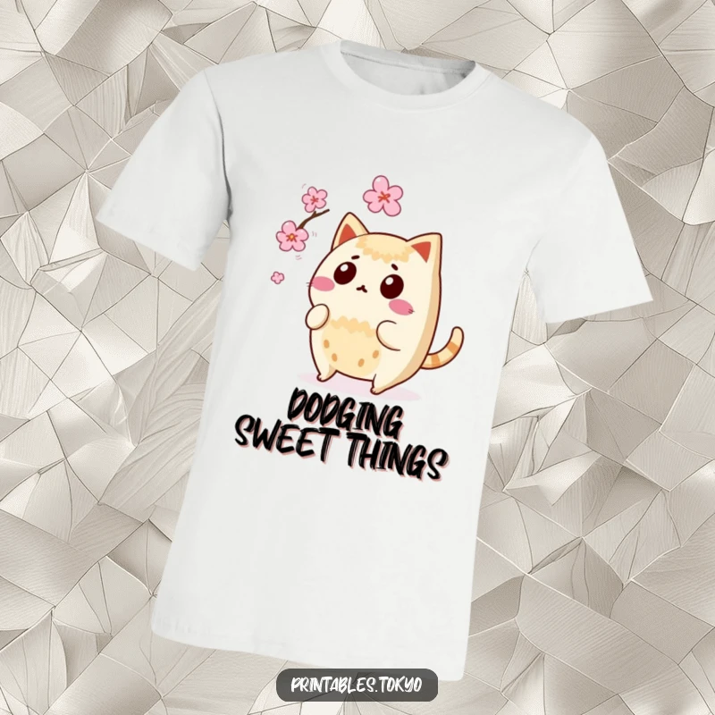 Funny taiyaki character surprised, tail wagging, narrowly missing a falling cherry blossom petal, on a t-shirt.