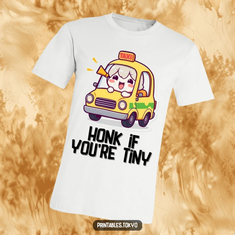 Funny t-shirt with a cheerful character driving a tiny taxi and humorously honking the horn with a big smile.