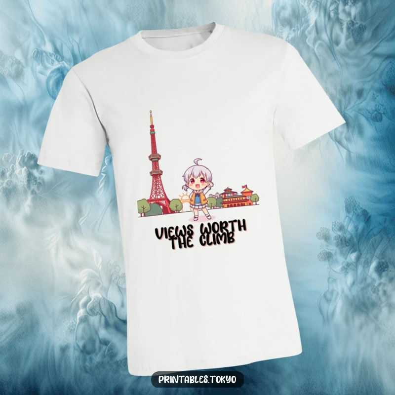 Funny t-shirt design of a character striking a playful, fun pose with a stylized Tokyo Tower behind them.
