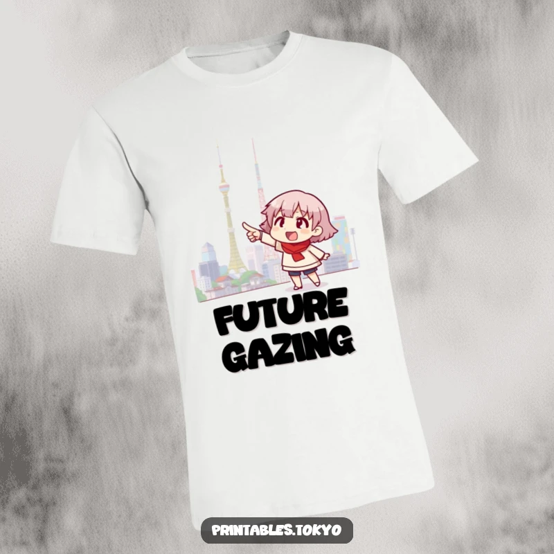 Funny t-shirt with an excited character pointing dramatically at a glowing Tokyo skyline, celebrating urban exploration.