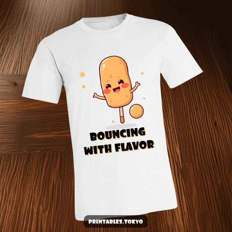 Funny yakitori skewer character on a t-shirt, playfully bouncing with energetic glee, a quirky and funny gift.