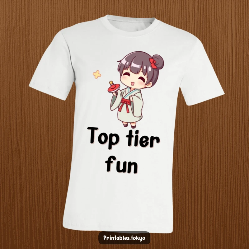 Funny yukata spinner t-shirt, a character in a yukata gleefully spinning a top, showcasing playful retro charm.