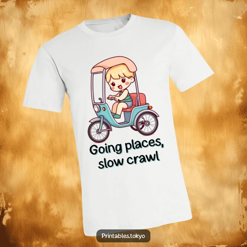 Funny t-shirt showcasing a character riding in a miniature, stylized rickshaw, full of playful movement.