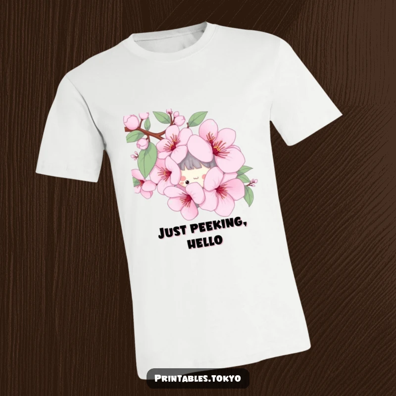 Funny t-shirt featuring a playful character playfully peeking from behind a giant, stylized cherry blossom, celebrating spring.