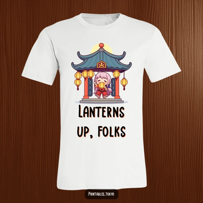 Funny t-shirt showing a character juggling luminous lanterns under an ornate temple roof, radiating a sense of fun.