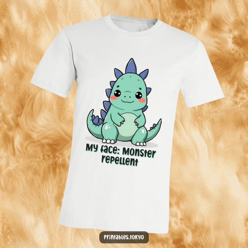 Funny t-shirt with a character making a ridiculous face to surprise a small, cute, cartoon Godzilla.