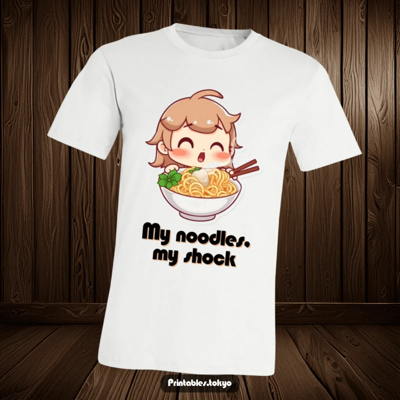 Funny t-shirt featuring a character with wide eyes and an open mouth, comically surprised by a steaming bowl of delicious noodles, a perfect funny gift.