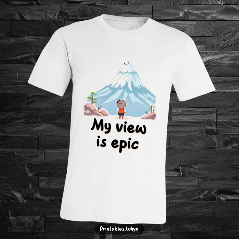Funny t-shirt showing a character gazing upwards with wide eyes at a cheerful, smiling Mount Fuji, embodying wonder and humor.