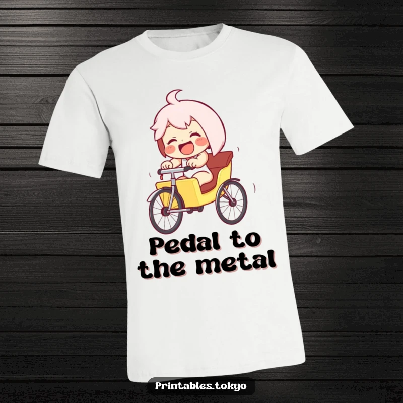 Funny giggling character in a tiny rickshaw, pedaling furiously downhill, printed on a t-shirt. Embodies speed, joy, and humor.