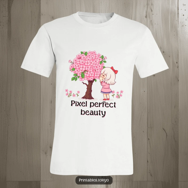 Funny T-shirt graphic of a character gazing admiringly at a massive, pixelated bouquet of cherry blossoms.