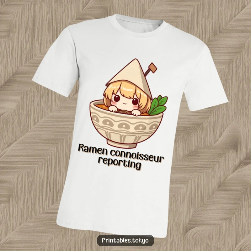 Funny t-shirt showcasing a cute character with a paper hat peeking over the edge of a ramen bowl, expressing delight.