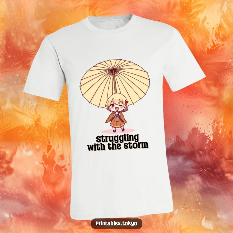 Funny umbrella struggle t-shirt, character comically battling a giant Japanese umbrella, a humorous depiction of everyday challenges.