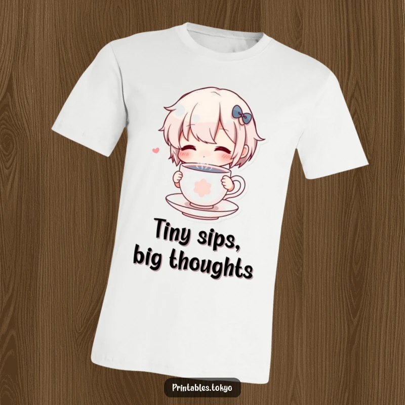 Funny T-Shirt: An adorable character comically sips from a very tiny, steaming teacup, looking blissfully content.