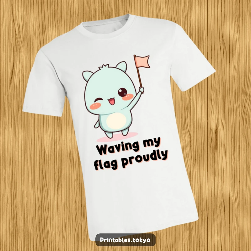 Funny t-shirt featuring an excited character energetically waving a small paper flag with a simple, charming design.