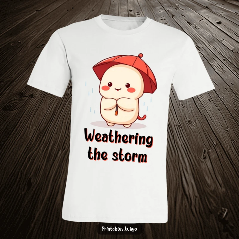 Funny cute dumpling character with a tiny red umbrella, peeking from a rainstorm, printed on a soft t-shirt.